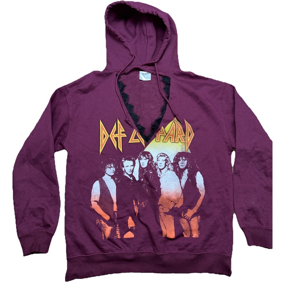 Def Leppard Burgundy Hoodie V Neck Lace Cutout Sweatshirt Rock Band Womens Small